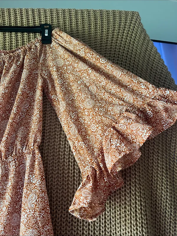 Blush Rust Paisley Off-Shoulder Midi Dress with Tassel Tie - Image 3