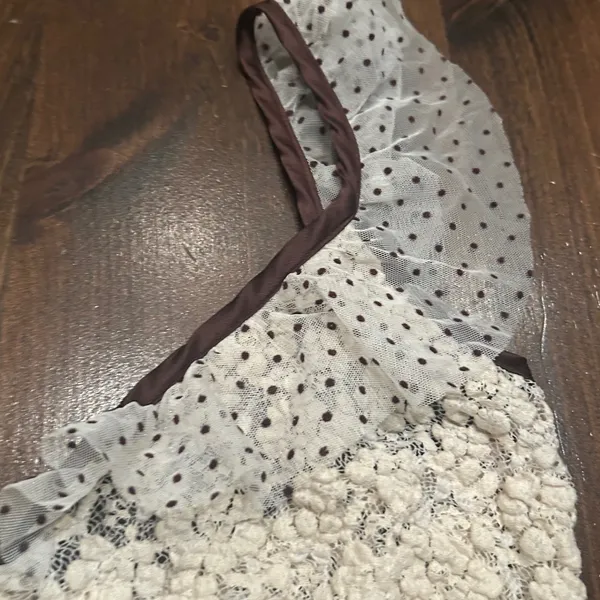 Free People Lace Crop Top Large Cream Brown Polka Dot Ruffle Romantic Shabby - Image 5