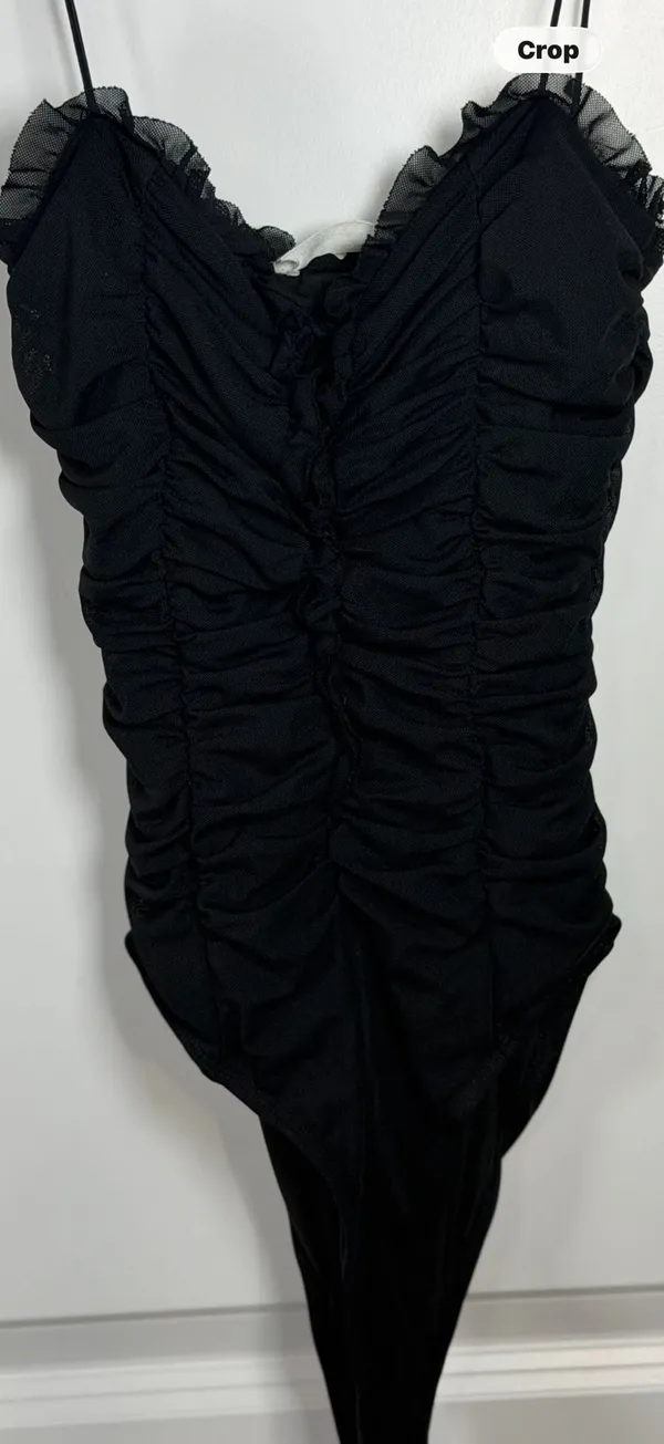 American Threads Black Ruffle Mesh Ruched Bodysuit - Image 8