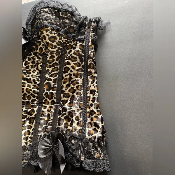 VAACODOR Women’s Leopard Print Corset Side Zip Back Tie Lace Bows Sz XXL Y2K EUC - Image 4