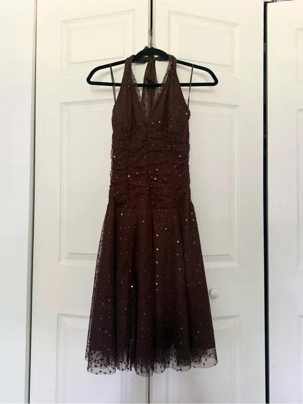 Vintage Y2K Necessary Objects Brown Sequin Halter Tulle Mini Dress Size Small - Image 2
