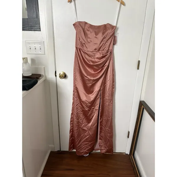 Dessy After Six Strapless Topstitched Corset Satin Maxi Dress Copper Penn Size 6 - Image 3