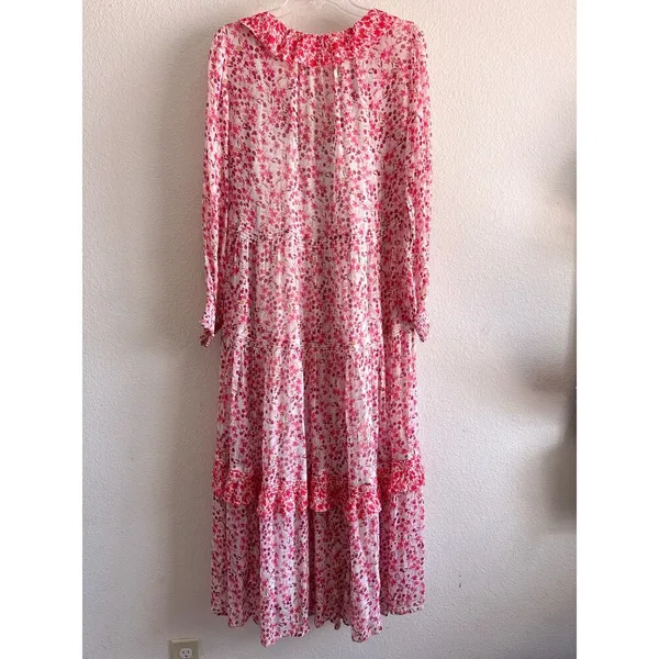 Anthropologie Marais Printed Chiffon Floral Maxi Dress Pink Boho Tassel S - Image 7