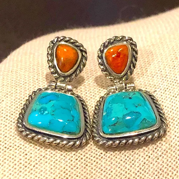 BARSE Sterling Silver Rope Edged Turquoise and Coral Drop Earrings - Image 9