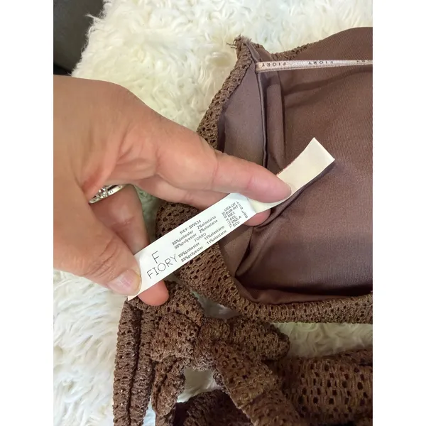 Fiory Beach & Street Brown Crochet Knit Bikini Set Bandeau Top Side Tie Bottom L - Image 7