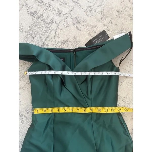 Alfred Sung Off-the-Shoulder Cuff Trumpet Gown Hunter Green Satin Size 2 D760 - Image 6