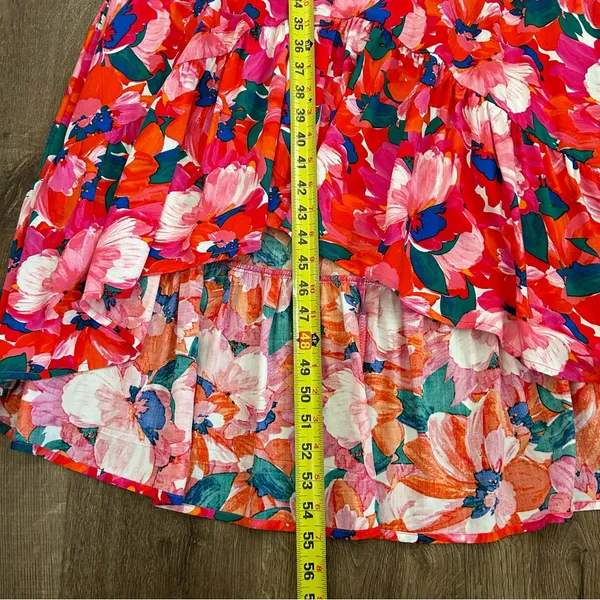Anthropologie Abel the Label Red Pink Floral Smocked Waist Hi Lo Ruffle Dress M - Image 11