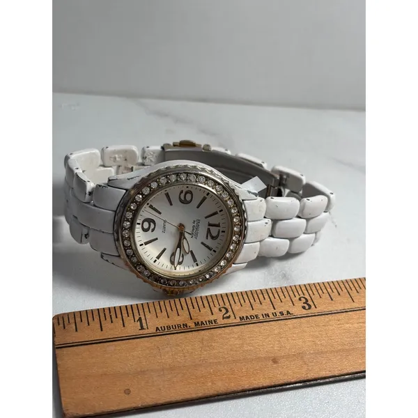 Embassy by Gruen White Enamel Crystal Bezel Quartz Watch Gold Tone Accents - Image 4