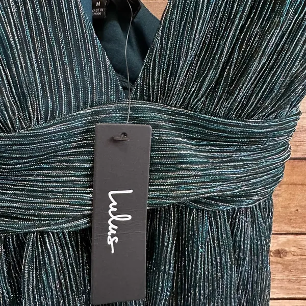 Lulus Dress Women’s Size Medium Teal Metallic Stripe Twist Back Cocktail NWT - Image 5