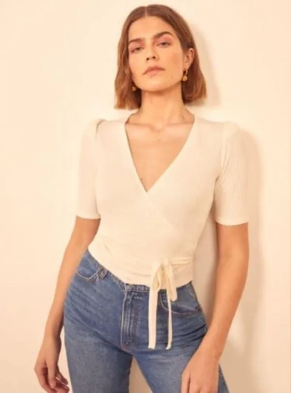 REFORMATION Rosebud Ribbed Wrap Top In Ivory - Image 2