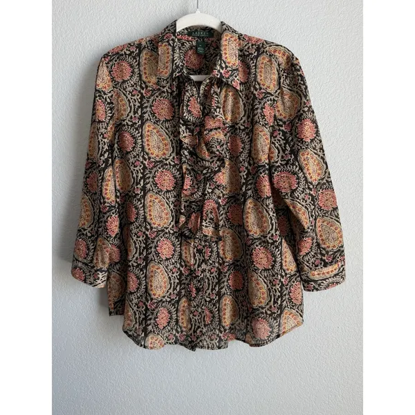 Lauren Ralph Lauren Paisley Ruffle Blouse Cotton Boho Cottagecore Western XL - Image 5