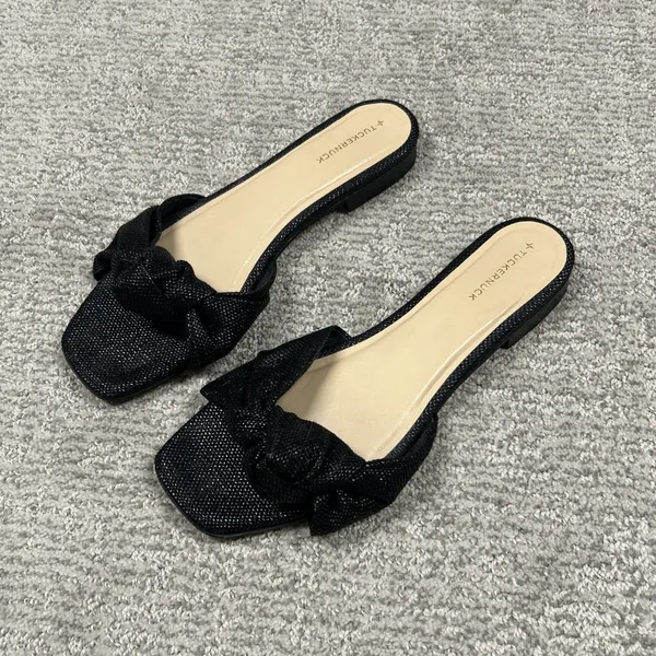 Tuckernuck Raffia Brit Sandals Womens 8 Black Slip On Slides Bow Knot Flats - Image 7
