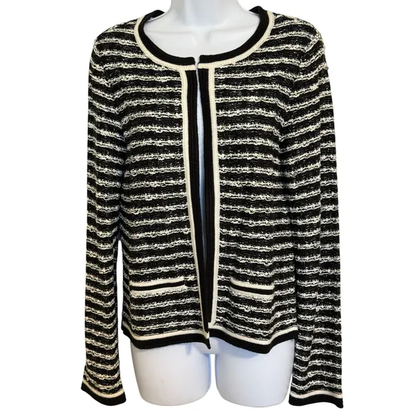WHITE HOUSE BLACK MARKET Striped Metallic Open Front Cardigan‎ EUC Size Medium - Image 2