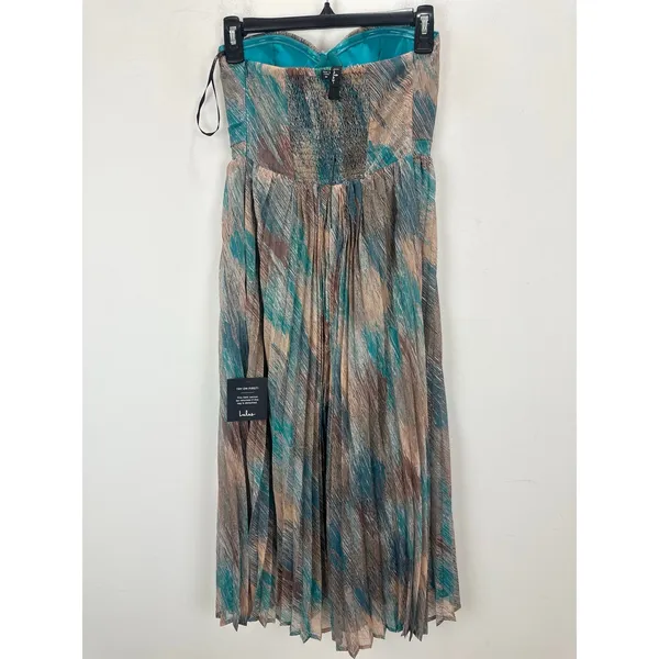 Lulus Juniva Teal Multi Abstract Print Pleated Bustier Midi Dress Cocktail S NWT - Image 11