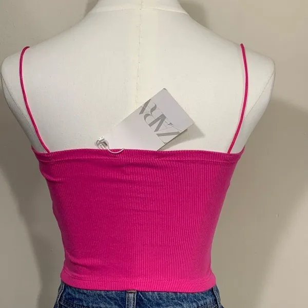 Zara Cami Top Womens Small Hot Pink Ribbed Notched V-Neck Spaghetti Strap‎ NEW - Image 3