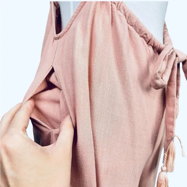 NEW Mazik Wide Leg Linen Jumpsuit Boho Pink MEDIUM Suspender Overalls Tassels - Image 4