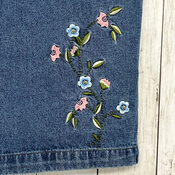 Bugle Boy Floral Embroidered Blue Denim Pockets Cottage Summer Vintage Skirt 16 - Image 3