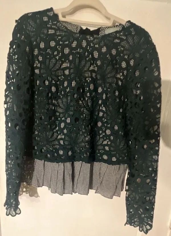 Maeve Anthropologie Gabriella Green Lace and Gingham Peplum Long Sleeve Top - Image 5