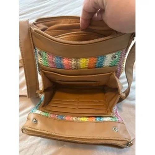 Rosetti Multi Color Striped Woven Crossbody Bag Tan Organizer Purse - Image 6