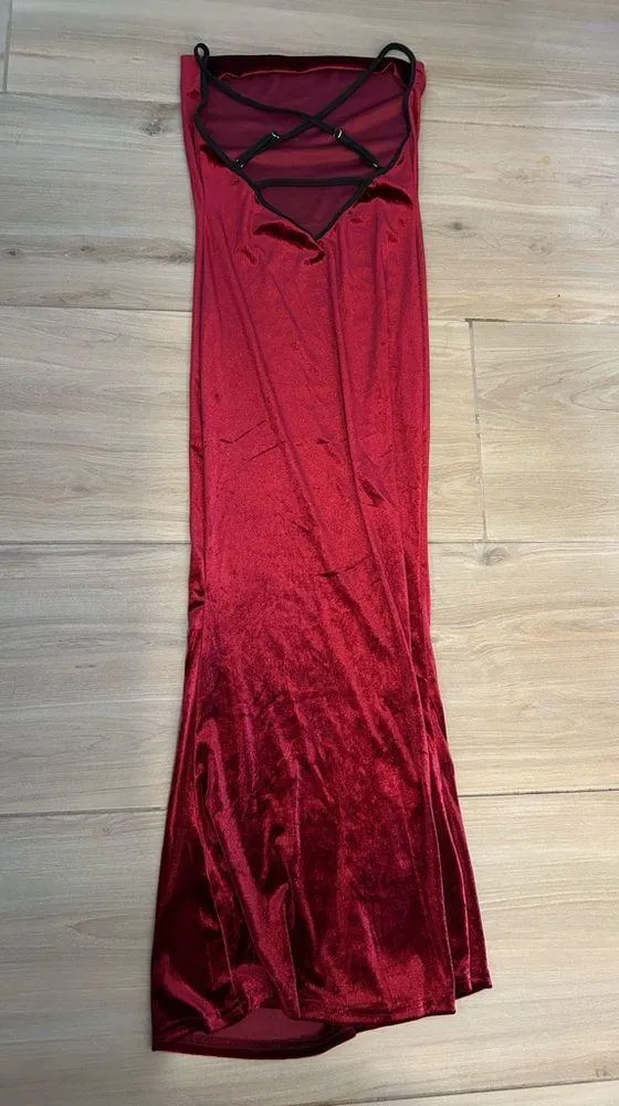 NEW Red Wine Spaghetti Strap Velvet Open back Maxi Dress XS - Image 2