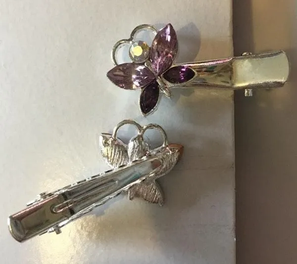 New Silver Pink And Purple Butterfly Jeweled Hair Clips - Image 2