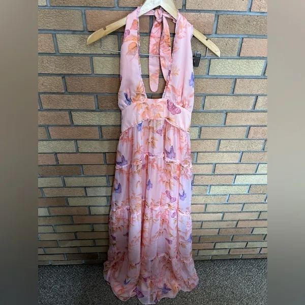 Amanda Uprichard Estella Maxi Dress Pink Tie Back Butterfly Ruffled Gown Size L - Image 3