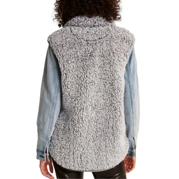 Abercrombie & Fitch Vest Women Small Sherpa Fleece Jacket Gray Leather‎ Pocket S - Image 4