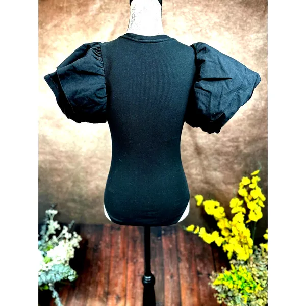 Zara Puff Sleeve Ribbed Bodysuit - Black - size S - Image 9