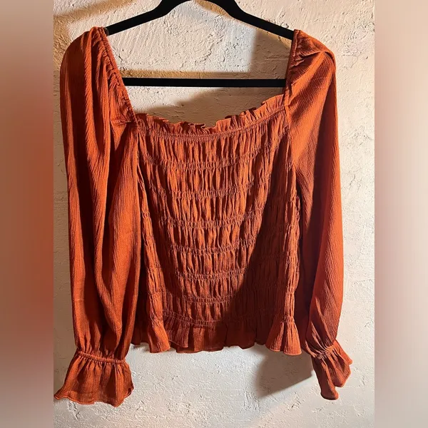 A New Day Orange Smocked Ruffled Sleeve Blouse NWOT ruffles square neckline boho - Image 8
