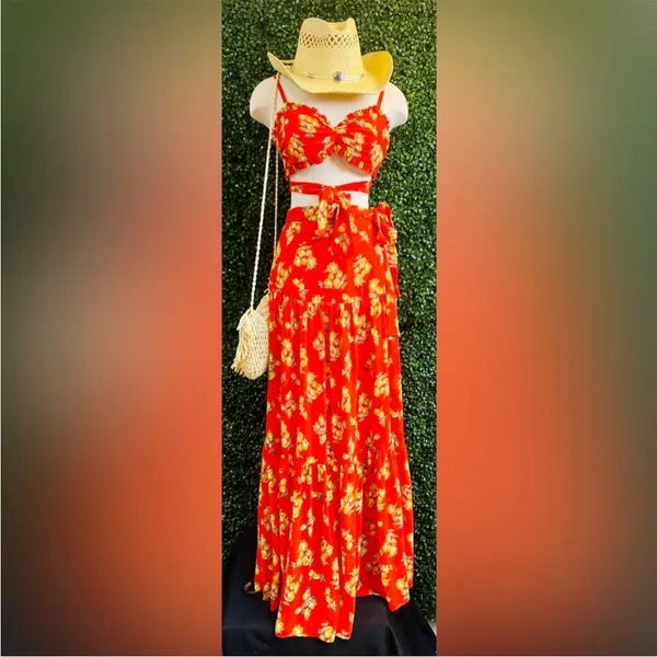 Luxxel 2 Piece Maxi Dress Rustic Charm: Red Floral Maxi Dress - Image 2