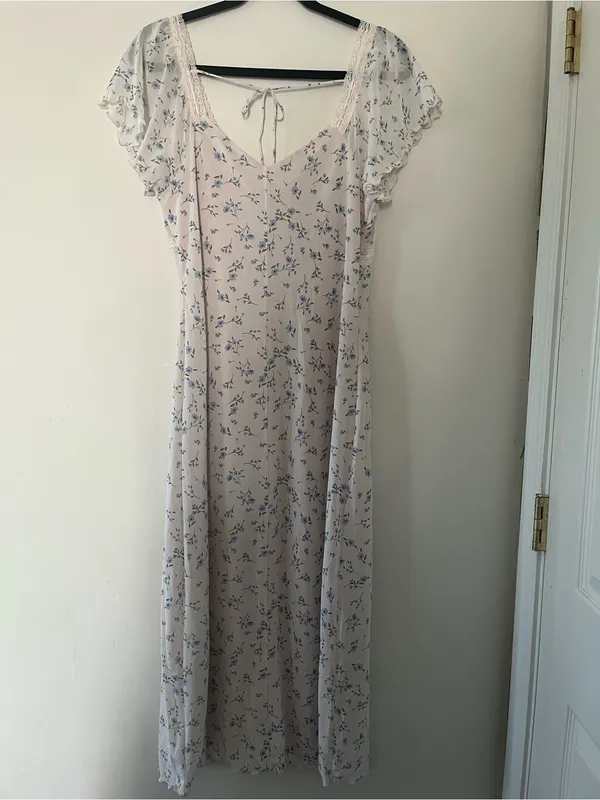 White Blue Ditsy Floral Cottagecore Babydoll Lace Midi Dress XL Romantic Dainty - Image 7