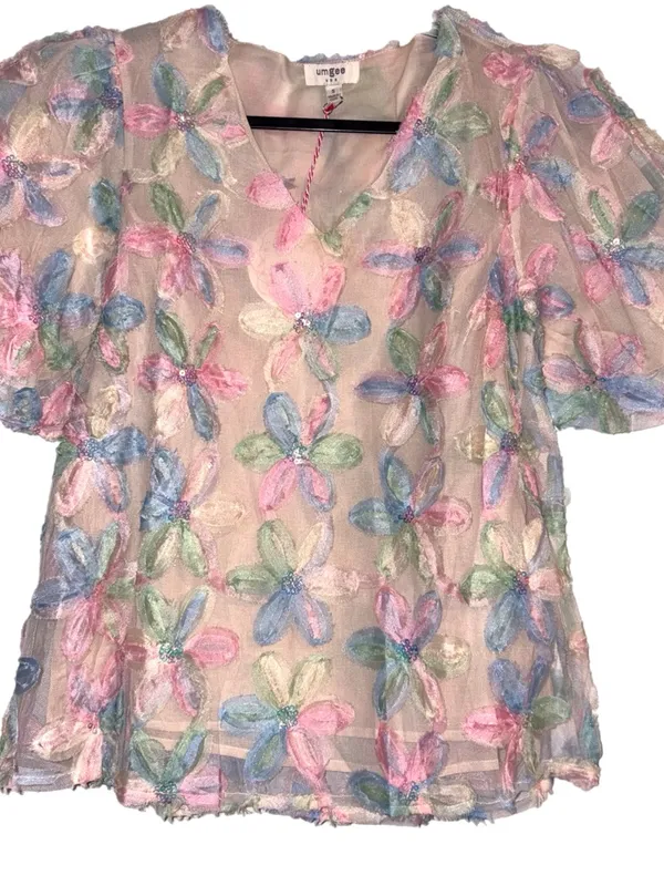 Umgee Pastel Floral Appliqué Sheer Sequin Blouse - Image 2