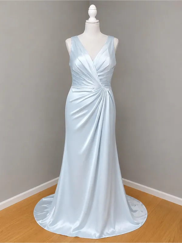 #225 Pale blue satin gown V-Neck Pleated Side Slit A-line Dress-XL/Size 14/16 - Image 4