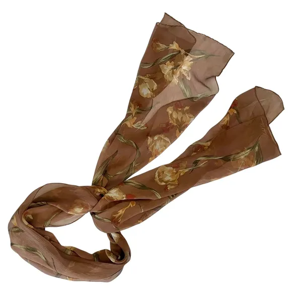 Vintage Ralph Lauren Floral Iris Print Autumnal Brown Silk Chiffon Long Scarf - Image 7