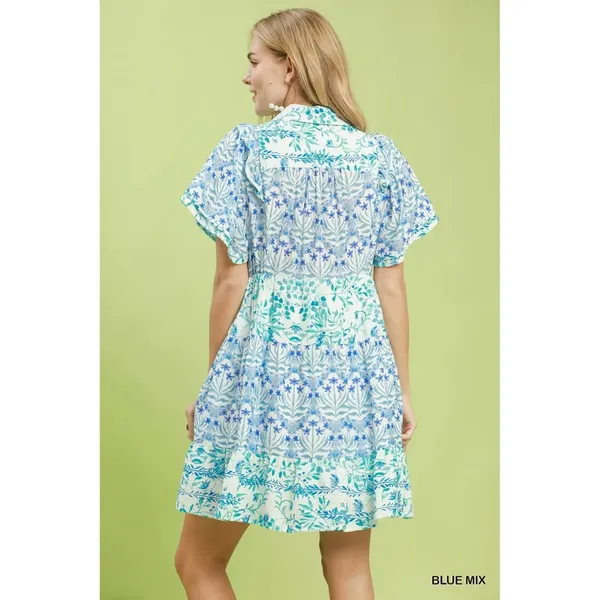 Umgee Mixed Floral Tiered Mini Dress with Flutter Sleeves - Blue mix - large - Image 3