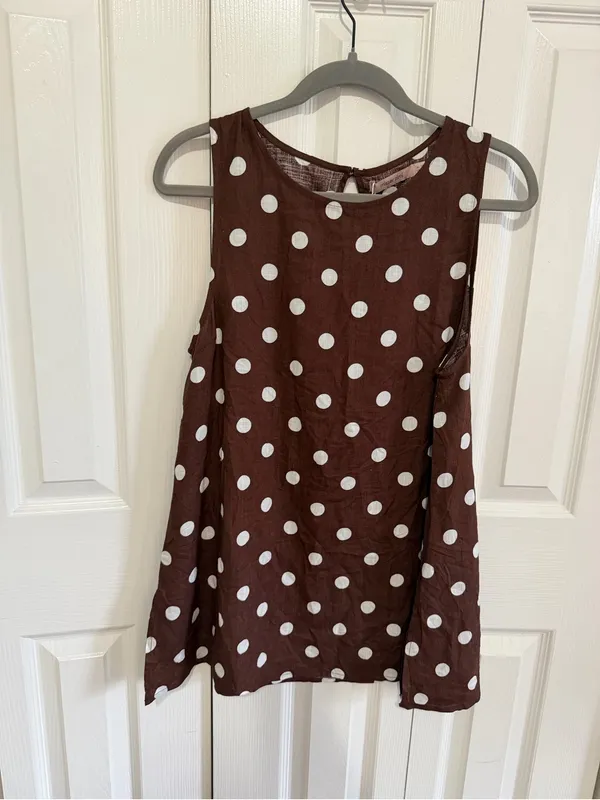 Mister Zimi Tash Top Linen Tank Brown/White Polka Dot Size 8 NWT - Image 2