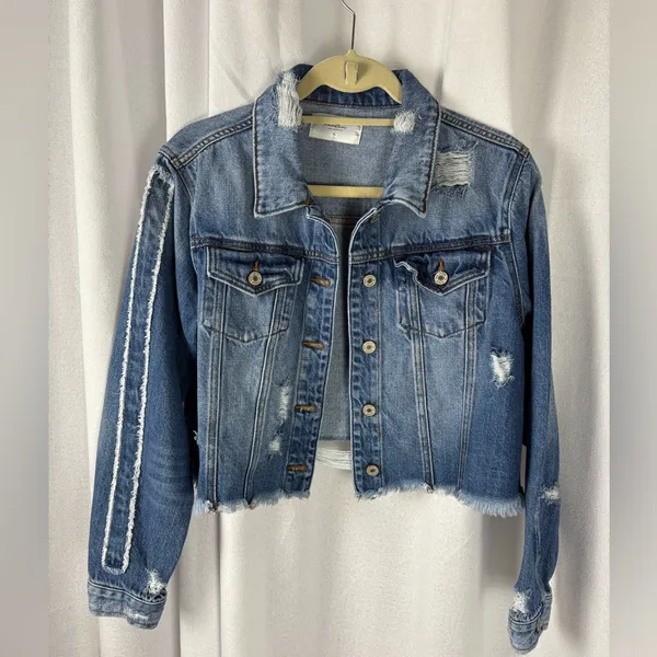 KANCAN “Sawyer” Blue Jean Distressed Cropped Denim Jacket, XL‎ 617 - Image 2