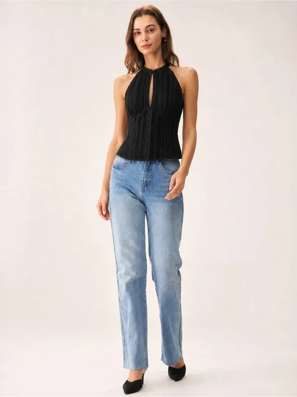 Rihoas Black Mandarin Collar Cut Out Tank Top - Image 3