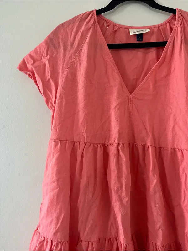 Universal Thread Coral Pink Linen Blend Tiered Mini Dress Medium Coastal Summer - Image 4