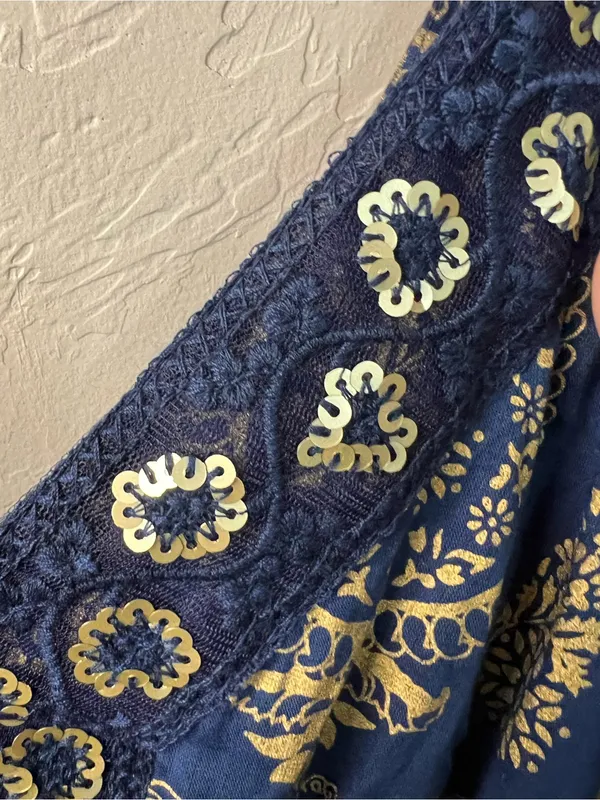Me 2 Magic Navy Gold Sequin Paisley Smocked Boho Festival Maxi Dress - Image 6