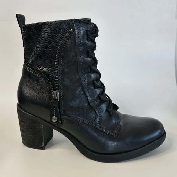 Earth Missoula Black Leather Lace Up‎ Ankle Boots Size 9 B Side Zip Stacked Heel - Image 8