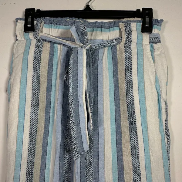 Indigo‎ Rein Blue Striped Linen Blend Wide Leg Paperbag Waist Pants Womens Small - Image 5