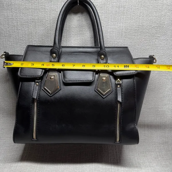 Black Faux Leather Satchel Handbag‎ Large Tote Purse Gold Hardware Edgy Workwear - Image 5