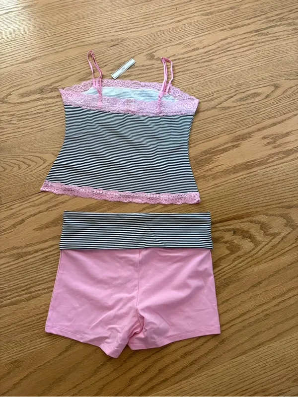Frankie's Bikinis Pink & Black Striped Lace Cami Pajama Set - Image 3