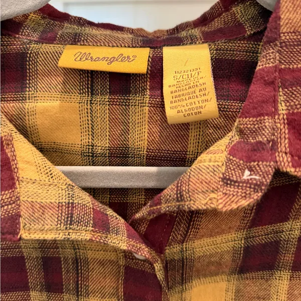 Wrangler Plaid Snap Button Western Shirt | Burgundy & Mustard | Size Small - Image 2