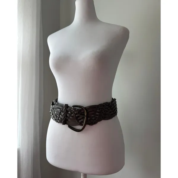 ‘11 Old Navy Dark Gray Bonded Leather Wide Woven Belt Size M/L - Image 4