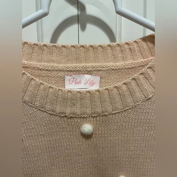 Pink Lily Adorable Light Pink Lightweight Pom Sweater Sz L EUC - Image 3