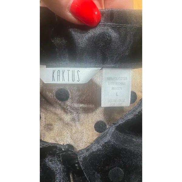 Kaktus Black Sheer Polka Dot Organza‎ Blouse Velvet Trim Puff Sleeve Large - Image 4
