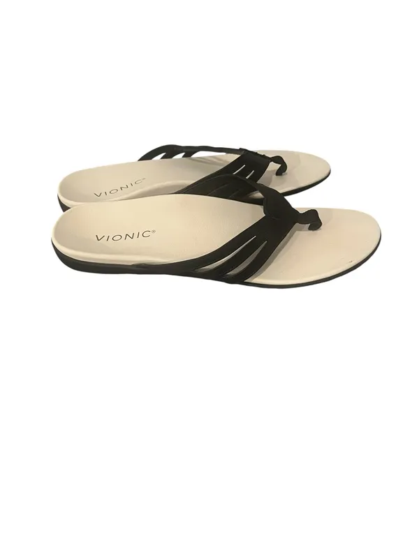 Vionic Alta Toe Post Sandals Black Leather Cream Thong Comfort Shoes 8.5M - Image 3