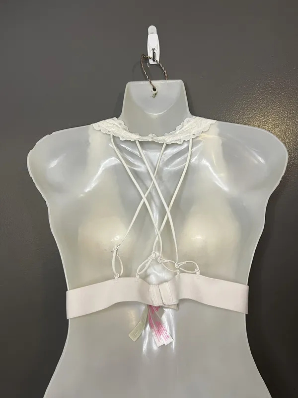 PINK Bralette Bra Womens Large White Lace Wireless Crossback Strappy Lined B Cup - Image 5
